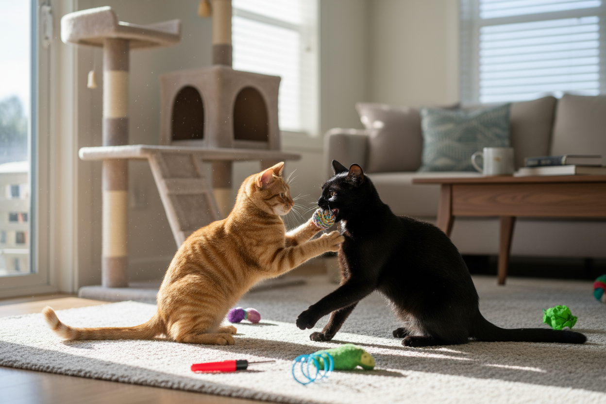 2 cats playing together on a living room floor with cat toys around them and cat tree in the background