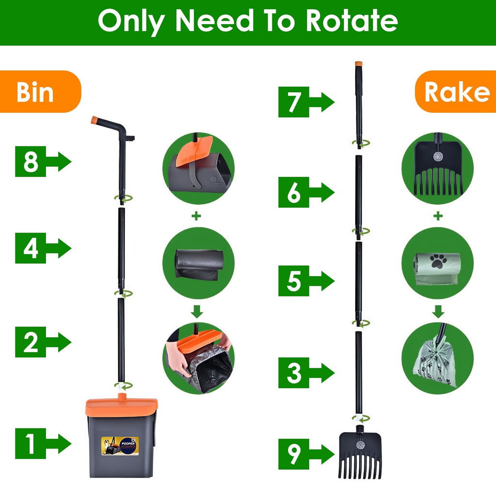 Pooper Scooper Rake & Swiveling Bin with Lid