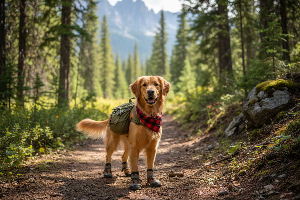 vertical image of a dog wearing hiking gear
